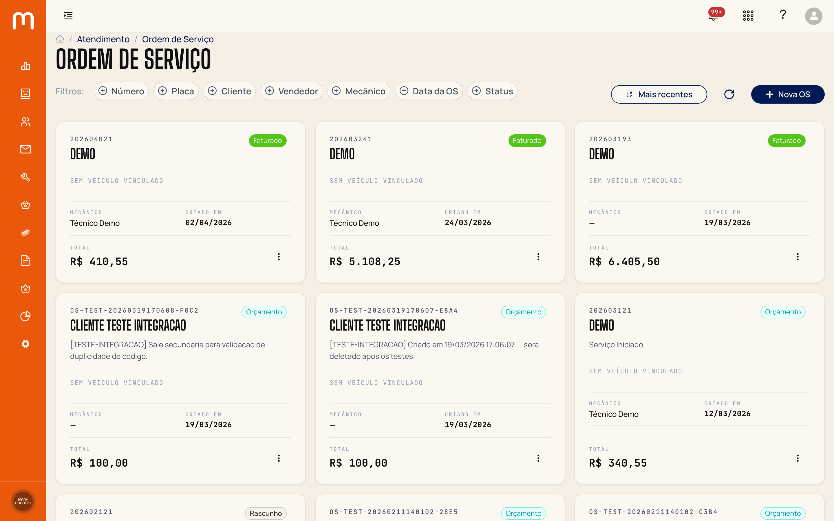 Lista de Ordens de Serviço com cards de OS, status, técnico responsável e valores